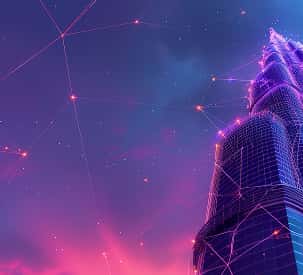 City skyline with purple gradient